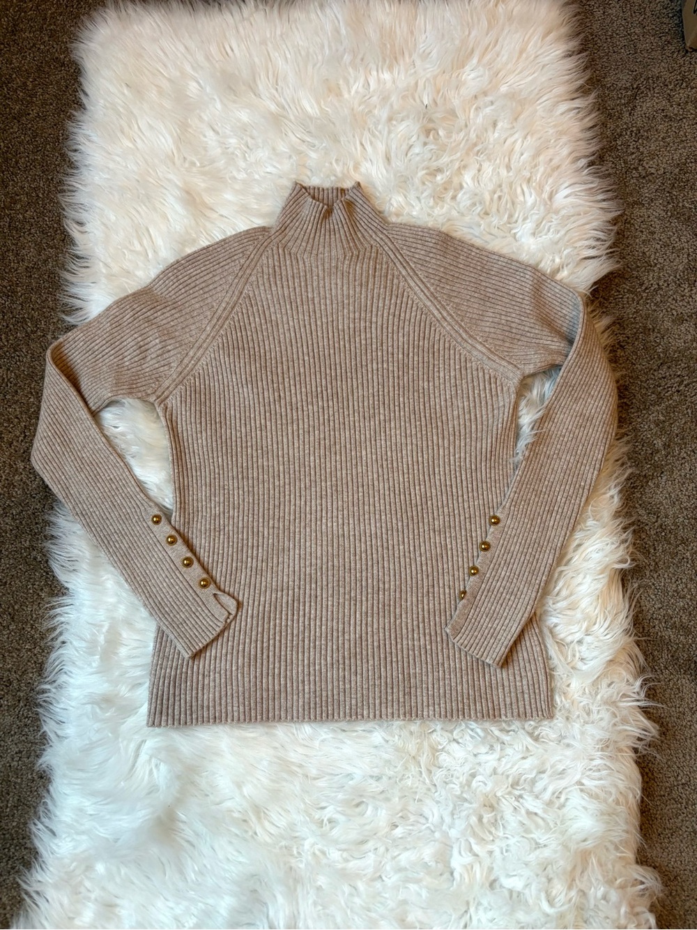 Taupe Ribbed Mock Neck Sweater & Gold Button Cuffs